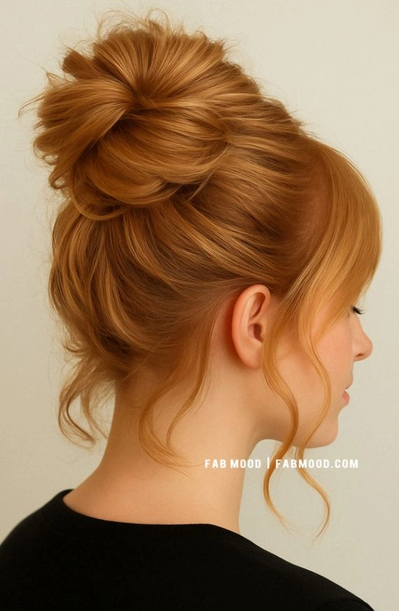 Elegant prom hairstyle featuring a high messy bun with loose curls