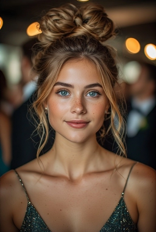 Elegant prom hairstyle featuring a high messy bun with loose strands