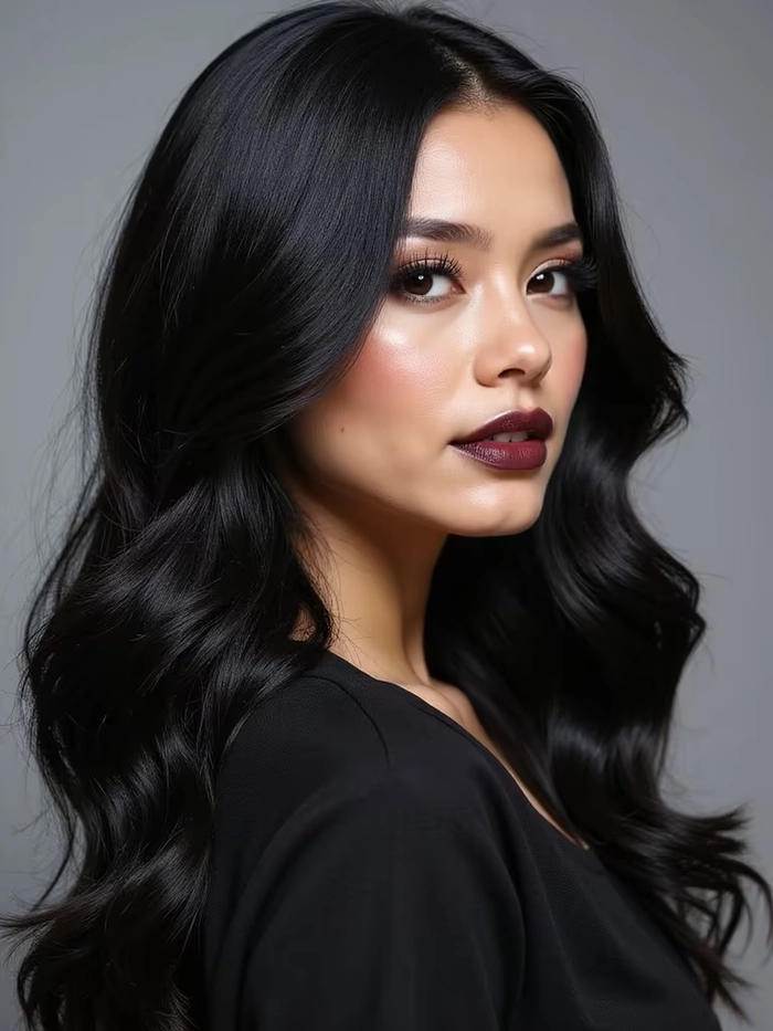 Stunning prom hairstyle idea for jet black hair with soft curls and subtle adornments Elegant prom hairstyle showcasing jet black hair styled in loose curls with delicate accessories