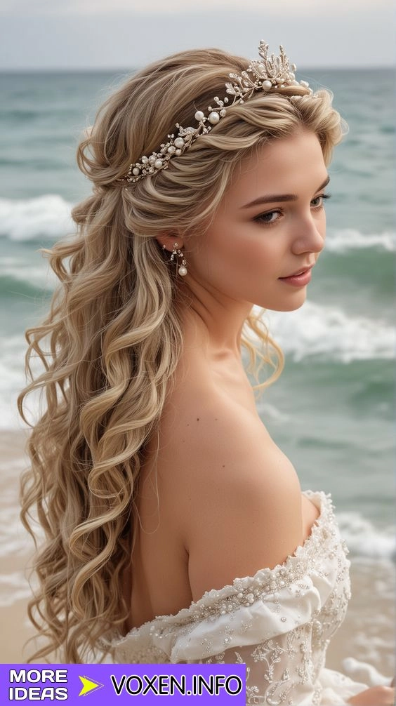 Elegant prom hairstyle featuring loose waves perfect for a beach venue