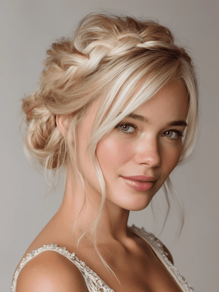 Elegant prom hairstyle featuring a low nape bun with soft curls for a refined look