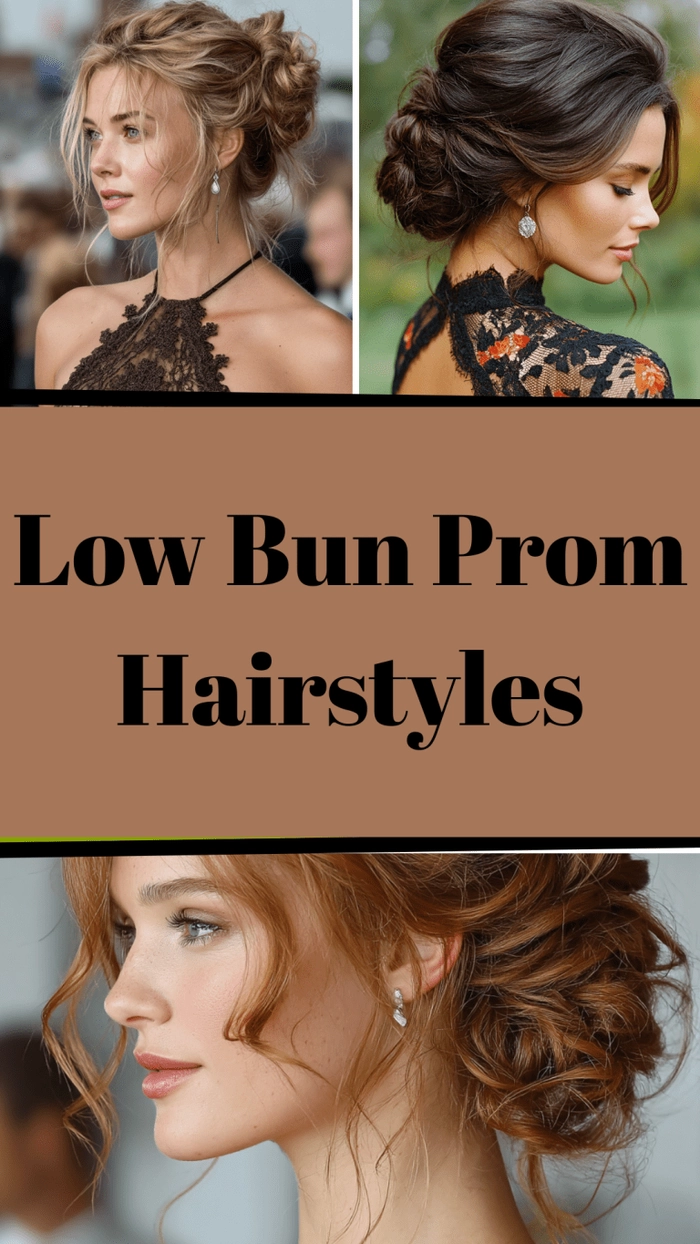 Elegant prom hairstyle featuring a low nape bun with soft curls