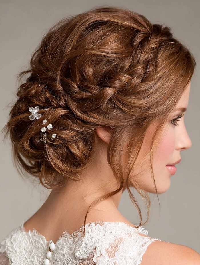 Elegant prom hairstyle featuring a low nape bun with soft curls