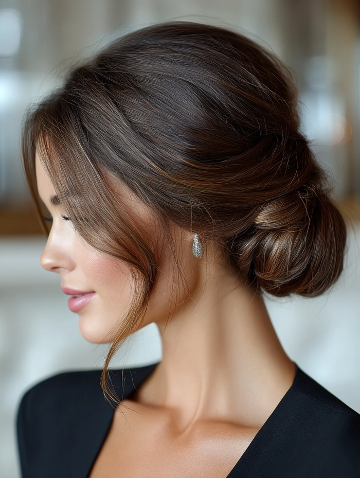 Elegant prom hairstyle featuring a low nape bun with soft waves