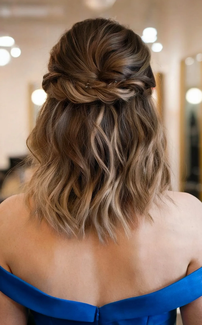 Elegant prom hairstyle showcasing a short bob haircut with soft curls