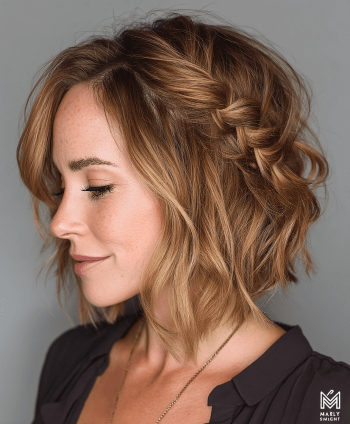 Elegant prom hairstyle for short bob haircuts with soft curls and floral accessories