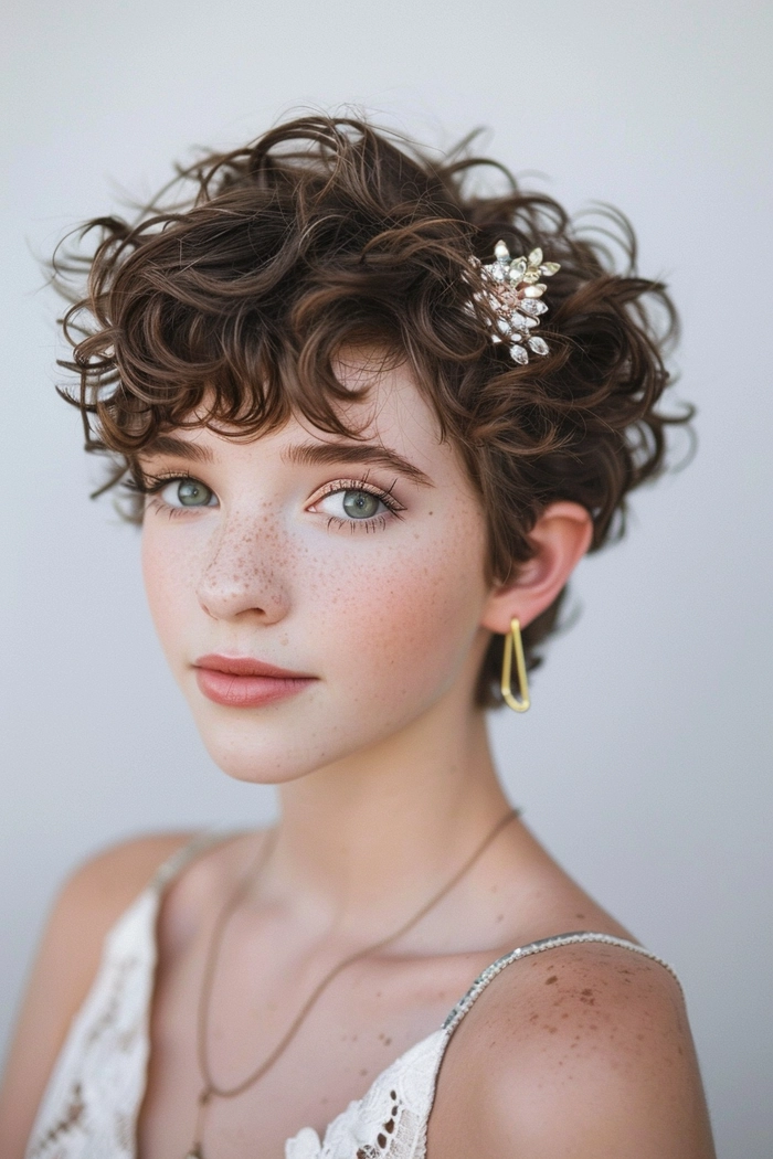 Elegant prom hairstyle for short pixie cuts featuring delicate accessories