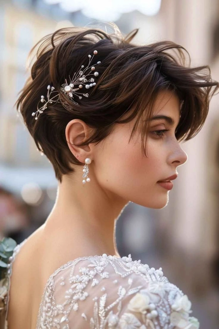 Elegant prom hairstyle for short pixie cuts featuring soft waves and decorative accessories