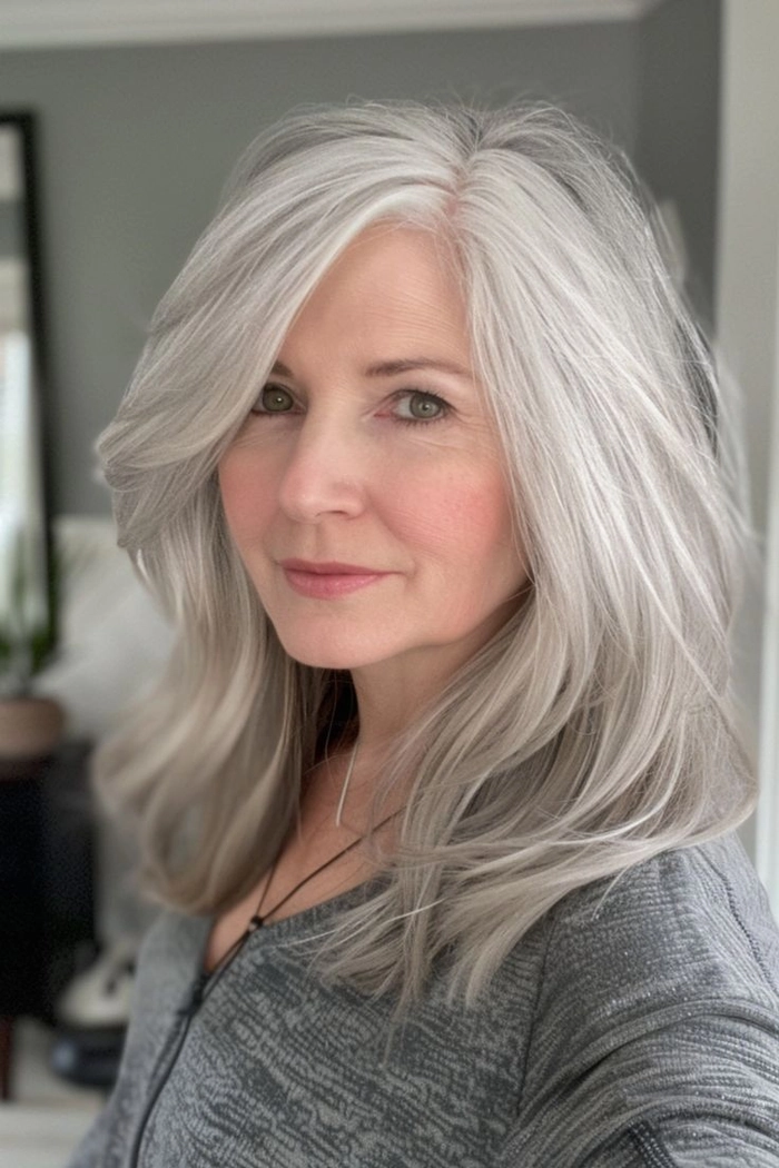 Elegant prom hairstyle for silver grey hair featuring soft curls and volume