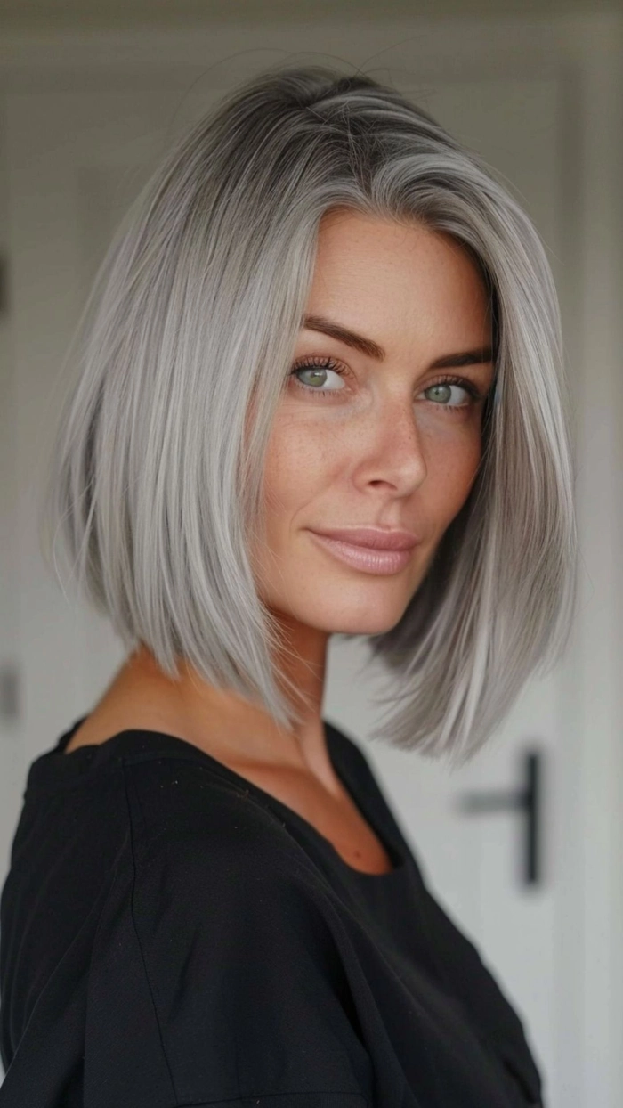 Elegant prom hairstyle for silver grey hair with soft curls and volume