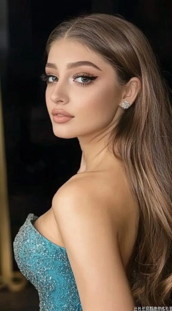 Chic middle-parted prom hairstyle perfect for a stylish evening look Elegant prom hairstyle showcasing a sleek middle part with soft waves