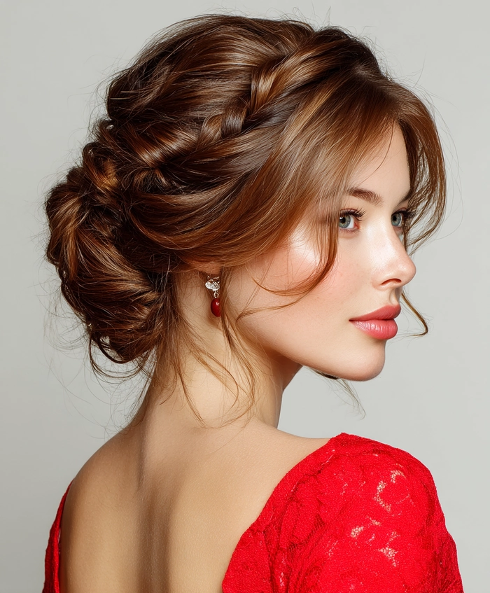Elegant prom hairstyle featuring a twisted halo braid with loose curls