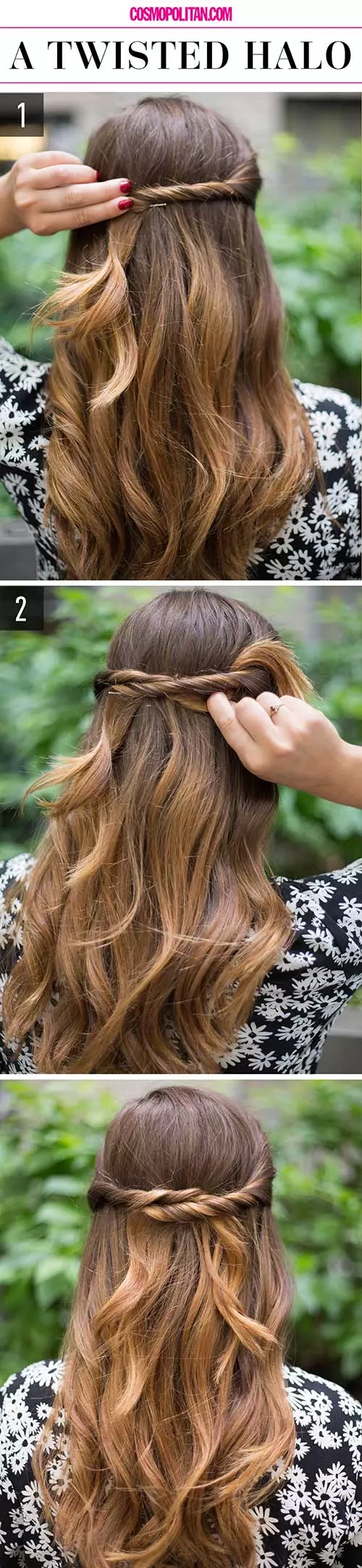 Elegant prom hairstyle featuring a twisted halo braid with loose curls