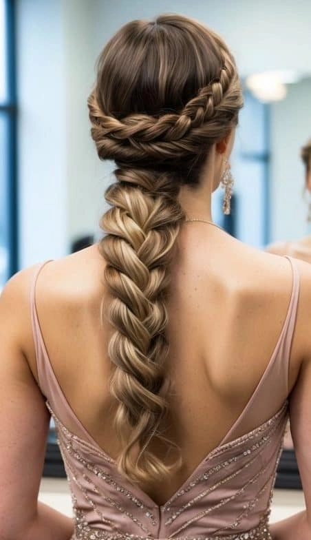 Elegant prom hairstyle featuring a twisted halo braid with soft curls