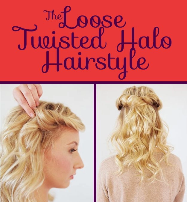 Elegant prom hairstyle featuring a twisted halo braid with soft waves