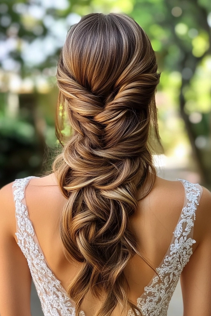 Elegant prom hairstyle featuring a twisted halo with soft curls