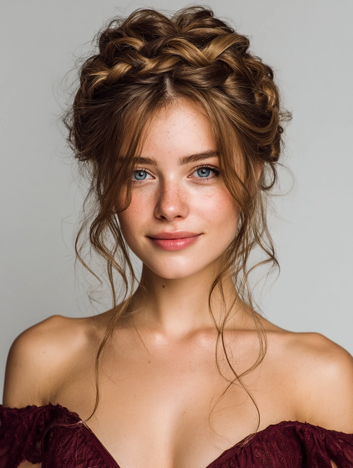 Elegant prom hairstyle featuring a twisted halo for a sophisticated look