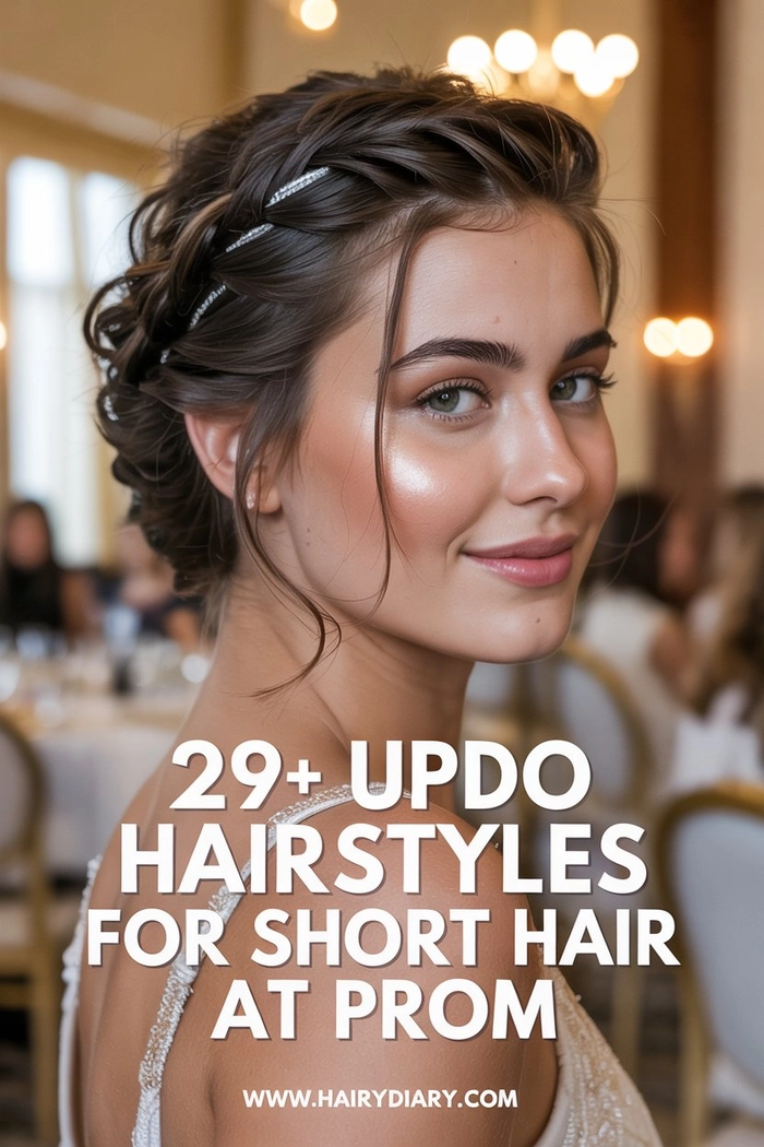 Beautiful short layered hair styled into a chic and glamorous prom updo Elegant prom updo showcasing short layered hair with soft curls and volume