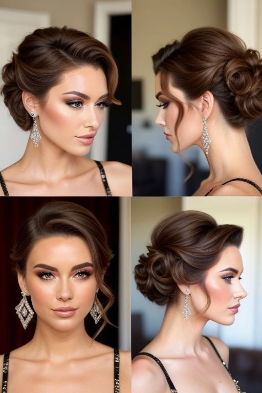 Chic short layered hair prom updo featuring delicate curls and stylish twists Elegant prom updo for short layered hair with soft curls and intricate twisting