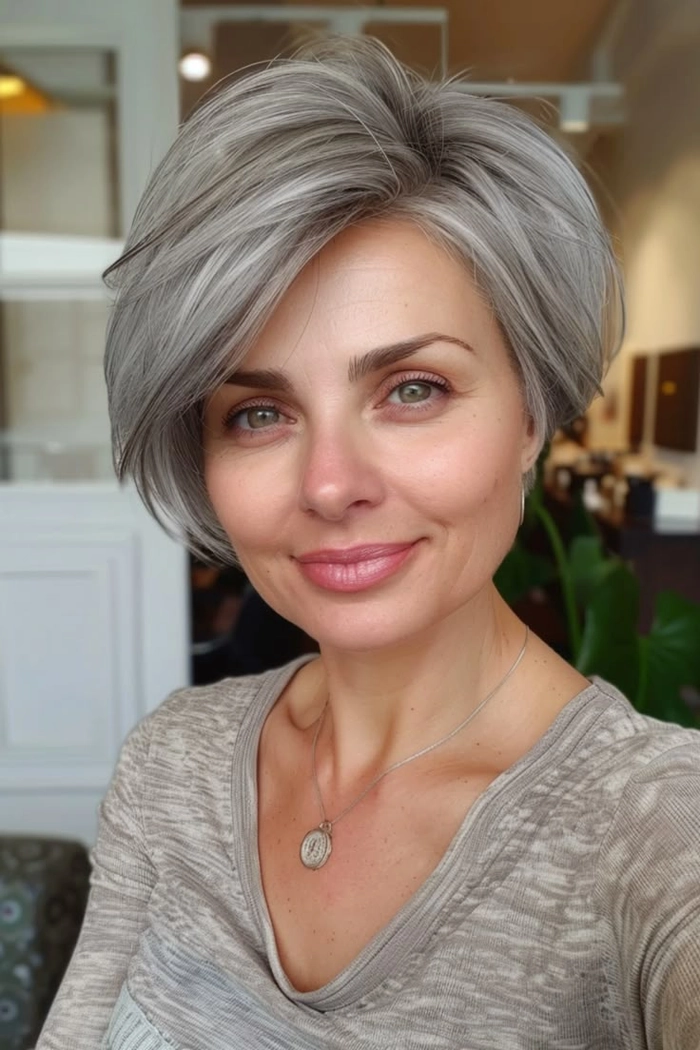 Elegant prom updo on silver grey hair with soft curls