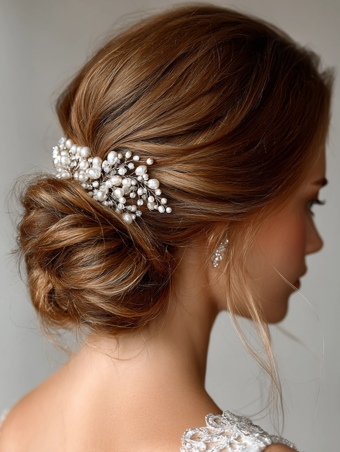 Sophisticated low chignon style perfect for prom and formal events Elegant low chignon prom updo with soft curls and delicate hair accessories