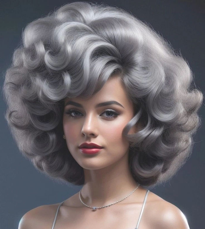Elegant prom hairstyle featuring silver grey hair styled in soft waves