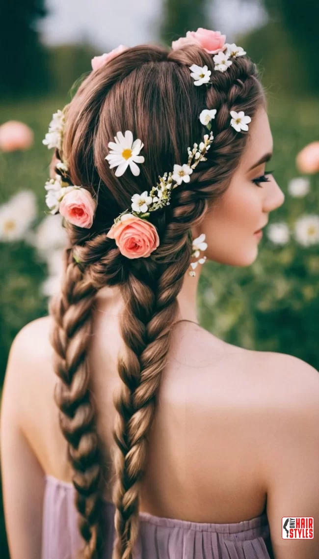 Chic prom hairstyle featuring vibrant fresh flowers perfect for spring celebrations Elegant spring prom hairstyle adorned with fresh blooms in soft pastel colors