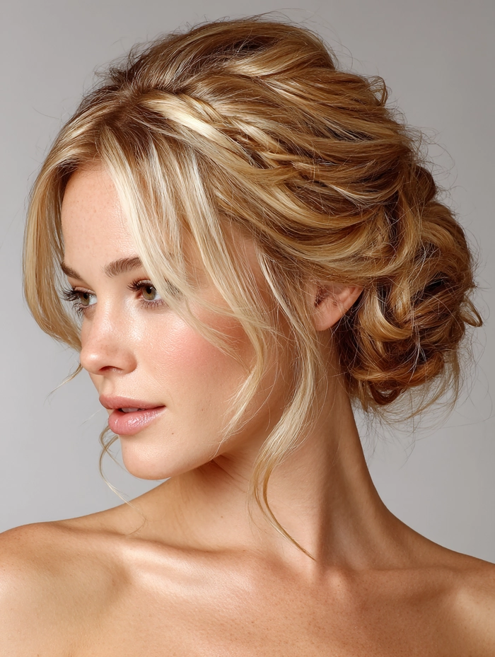 Chic textured top knot hairstyle perfect for prom night glamour Elegant textured top knot prom updo with loose tendrils framing the face