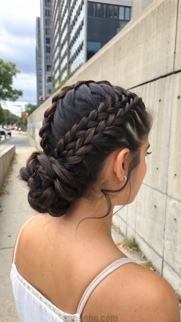 Elegant prom hairstyle featuring a single thick braid cascading over the shoulder