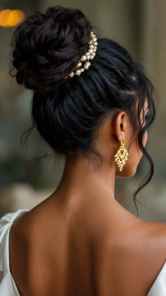 Chic and stylish textured top knot for prom hairstyles inspiration Elegant textured top knot prom updo with soft waves and volume