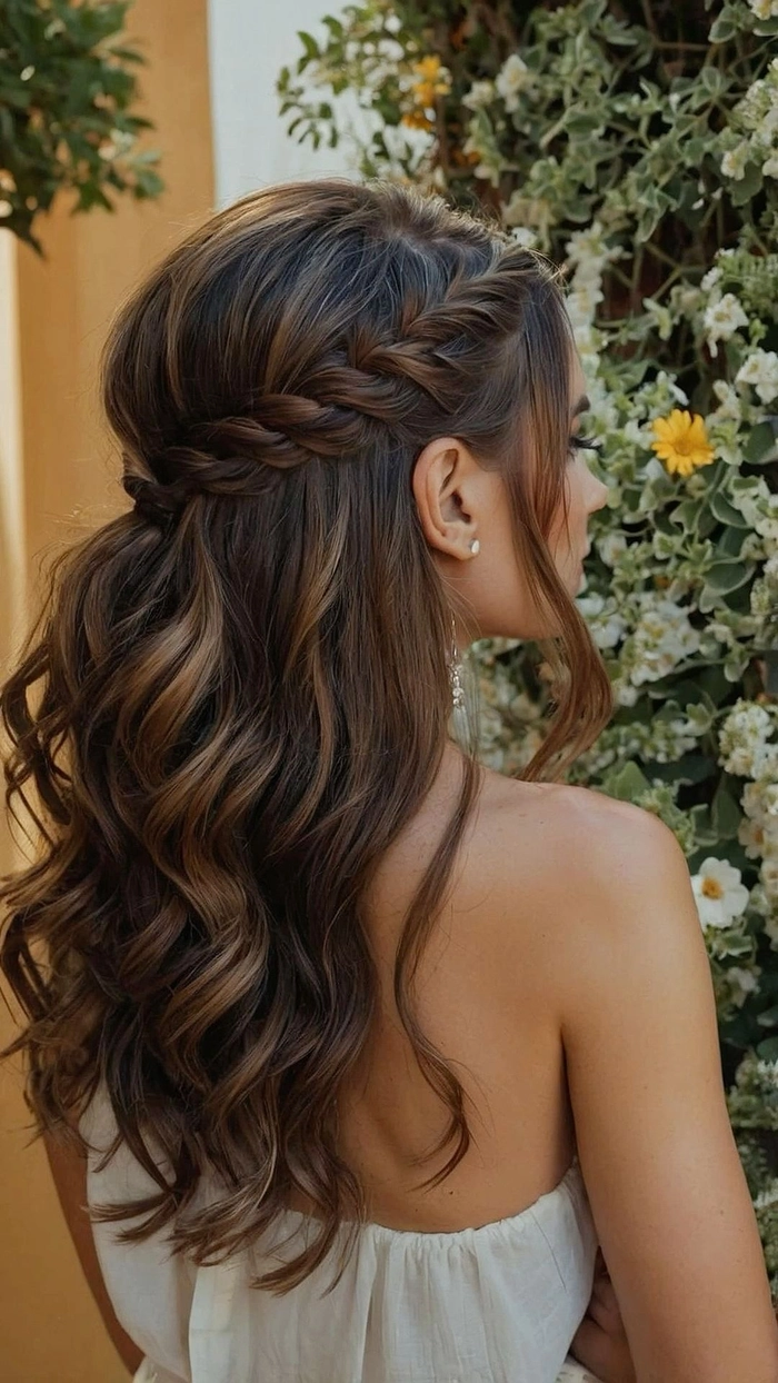 Stylish prom hairstyle perfect for an outdoor garden event Elegant updo with floral accents showcasing prom hairstyles for a garden venue