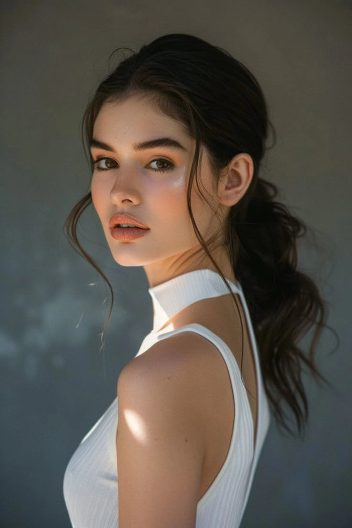 Elegant updo hairstyle perfectly complementing a high neck formal gown for prom