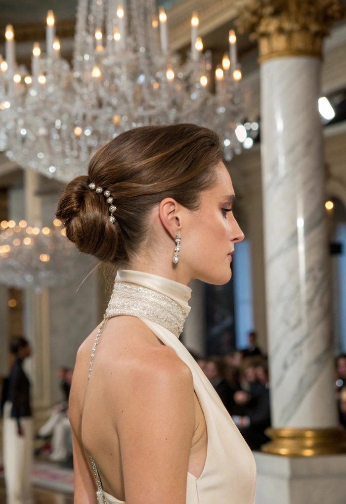 Elegant updo prom hairstyle complementing a high neck formal gown