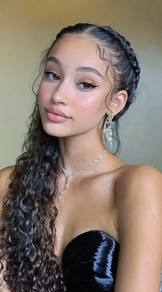 Elegant updo showcasing prom hairstyles for strapless prom dresses with soft curls