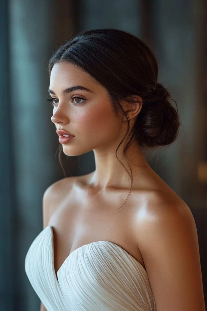 Elegant updo showcasing prom hairstyles for strapless prom dresses