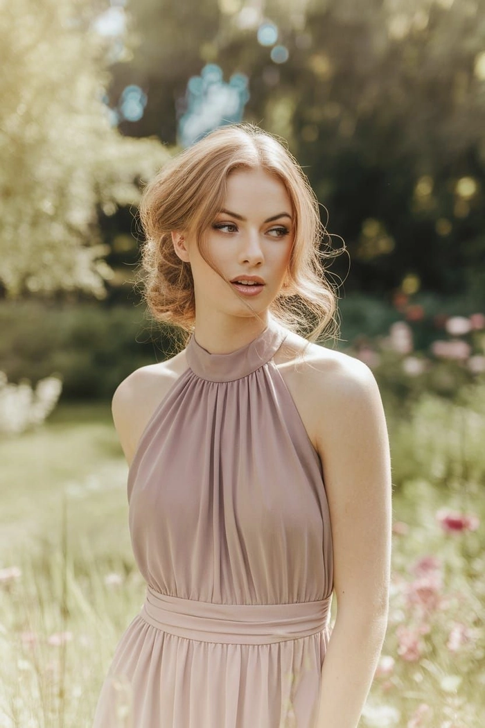 Elegant updo hairstyle perfect for prom with halter neck dresses