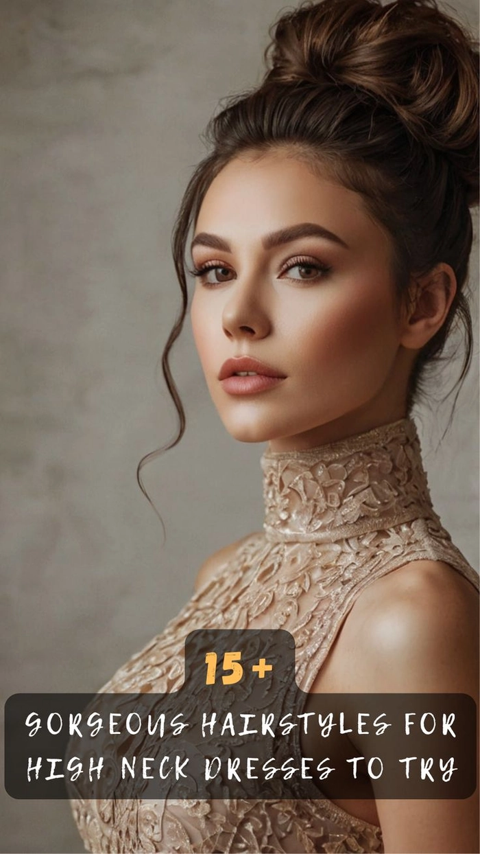 Elegant updo hairstyle perfect for prom with high neck formal gowns