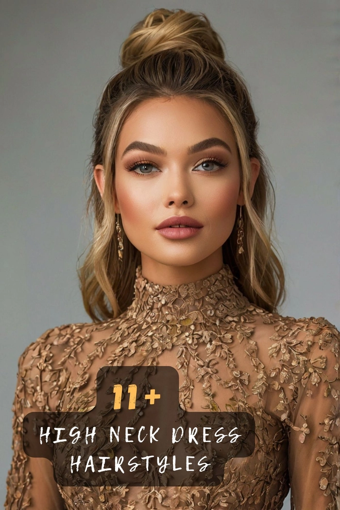 Elegant updo hairstyle perfect for prom with high neck formal gowns