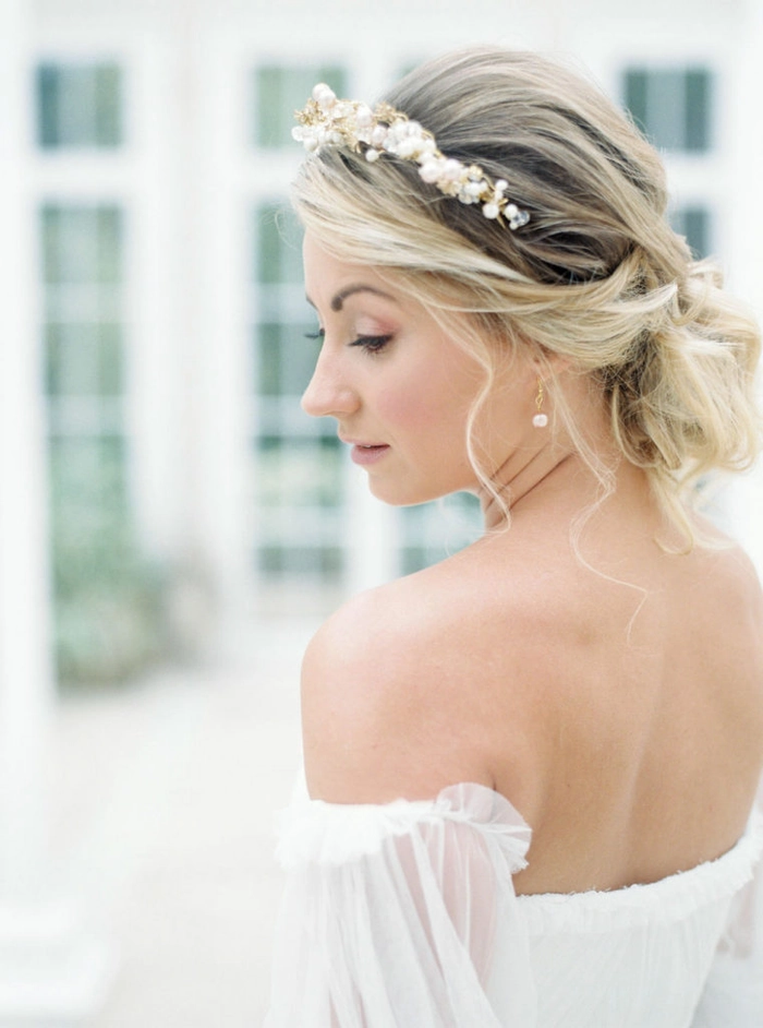 Elegant updo hairstyle perfect for prom and off the shoulder dresses