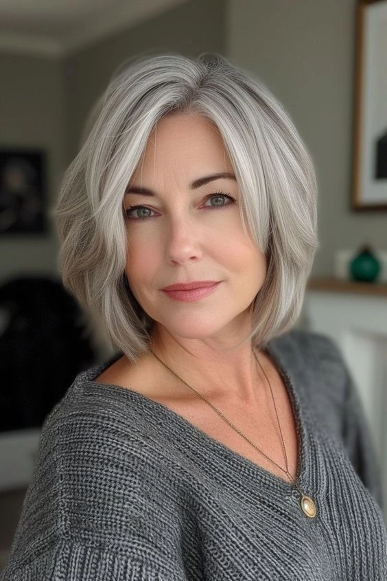 Elegant updo prom hairstyle for silver grey hair with soft curls and volume
