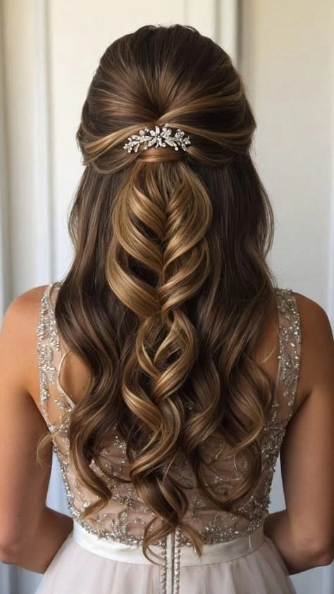 Elegant updo hairstyle complementing a sequin embellished dress for prom