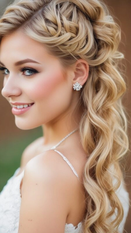 Elegant updo with soft curls perfect for prom hairstyles to match a white dress