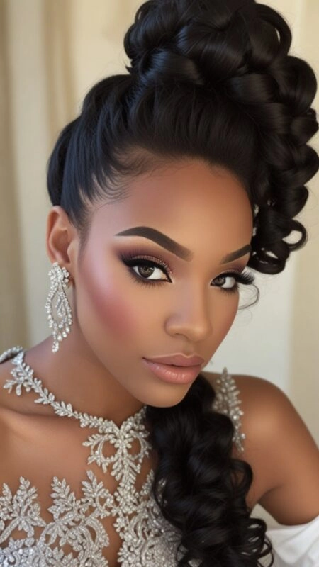 Elegant updo with soft curls styled to complement a black dress for prom
