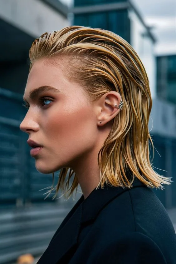 Elegant wet look slicked back prom hairstyle with smooth finish