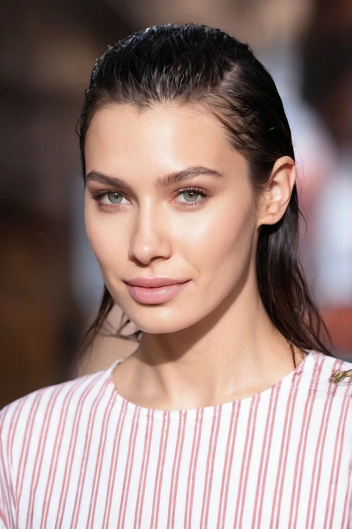 Elegant wet look slicked back prom hairstyle on a young woman with glossy hair