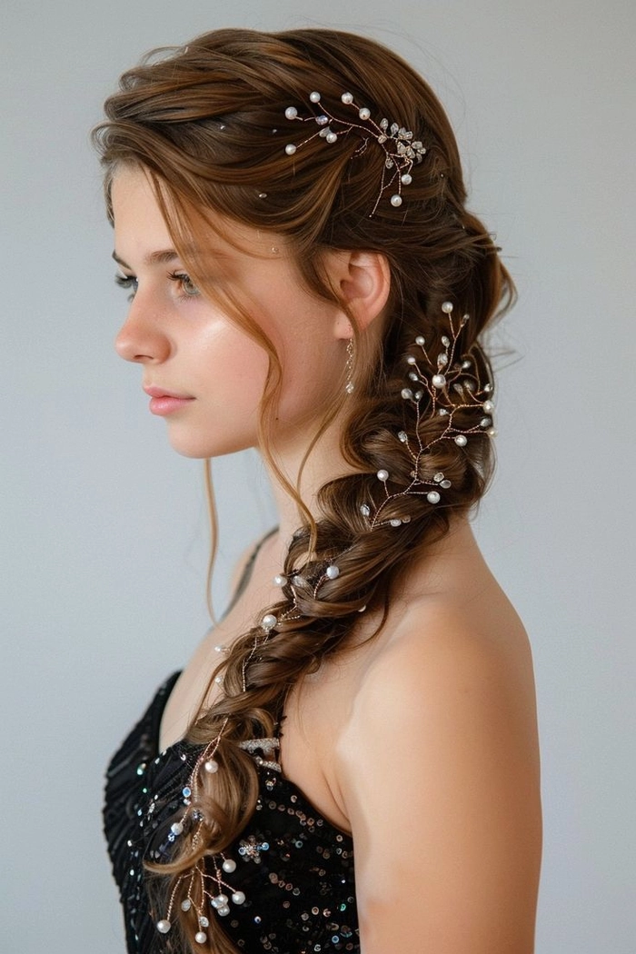 Chic prom hairstyle idea perfect for a winter formal event Elegant winter formal prom hairstyle with soft curls and a jeweled hairpiece