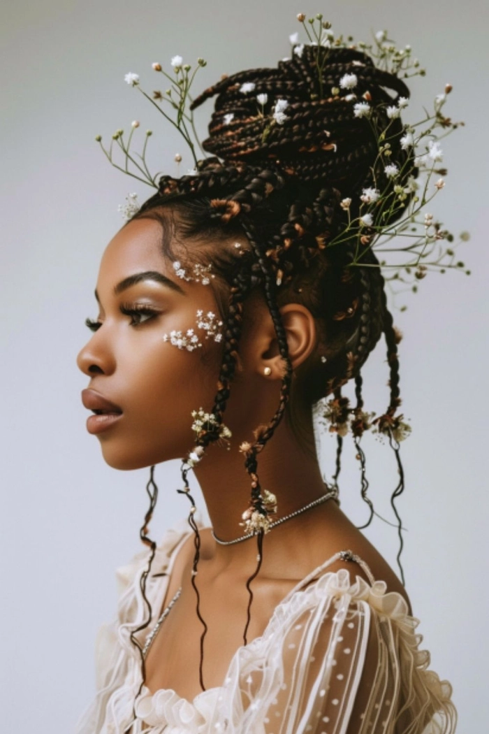 Ethereal goddess with intricate braided prom hairstyle in soft waves