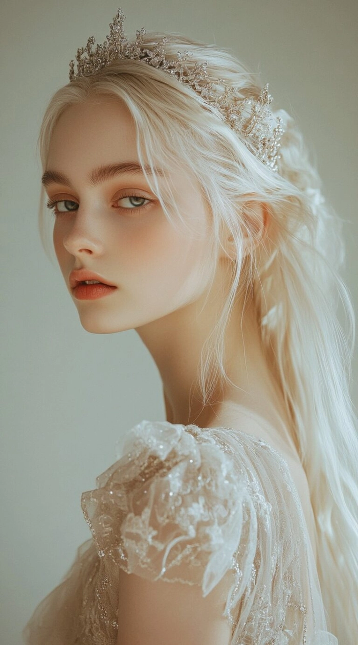 Romantic fairy tale princess prom hairstyle with soft curls and delicate floral accents