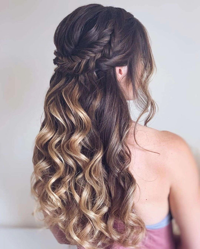 Stunning curly half up half down hairstyle perfect for prom night glamour Elegant half up half down prom hairstyle with soft curls for a formal look