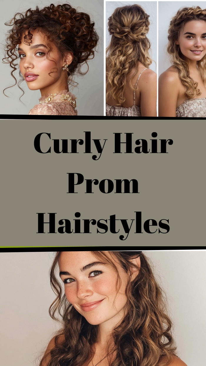 Long natural curly hair styled in an elegant long prom hairstyle